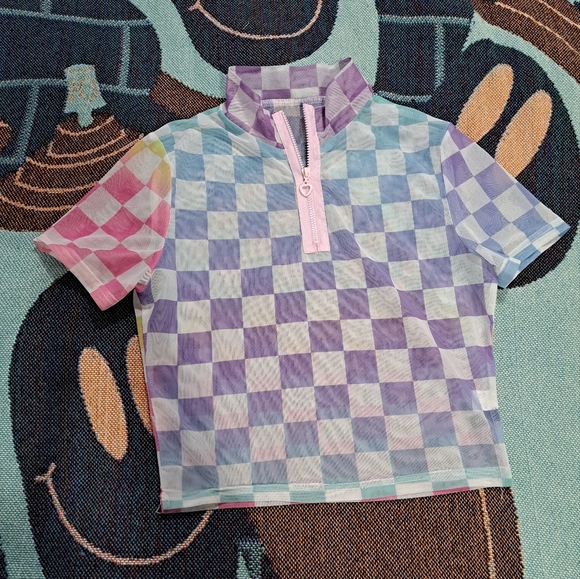 Dolls Kill Tops - 🌈 SHEER RAINBOW MESH RACER CHECK TOP-S